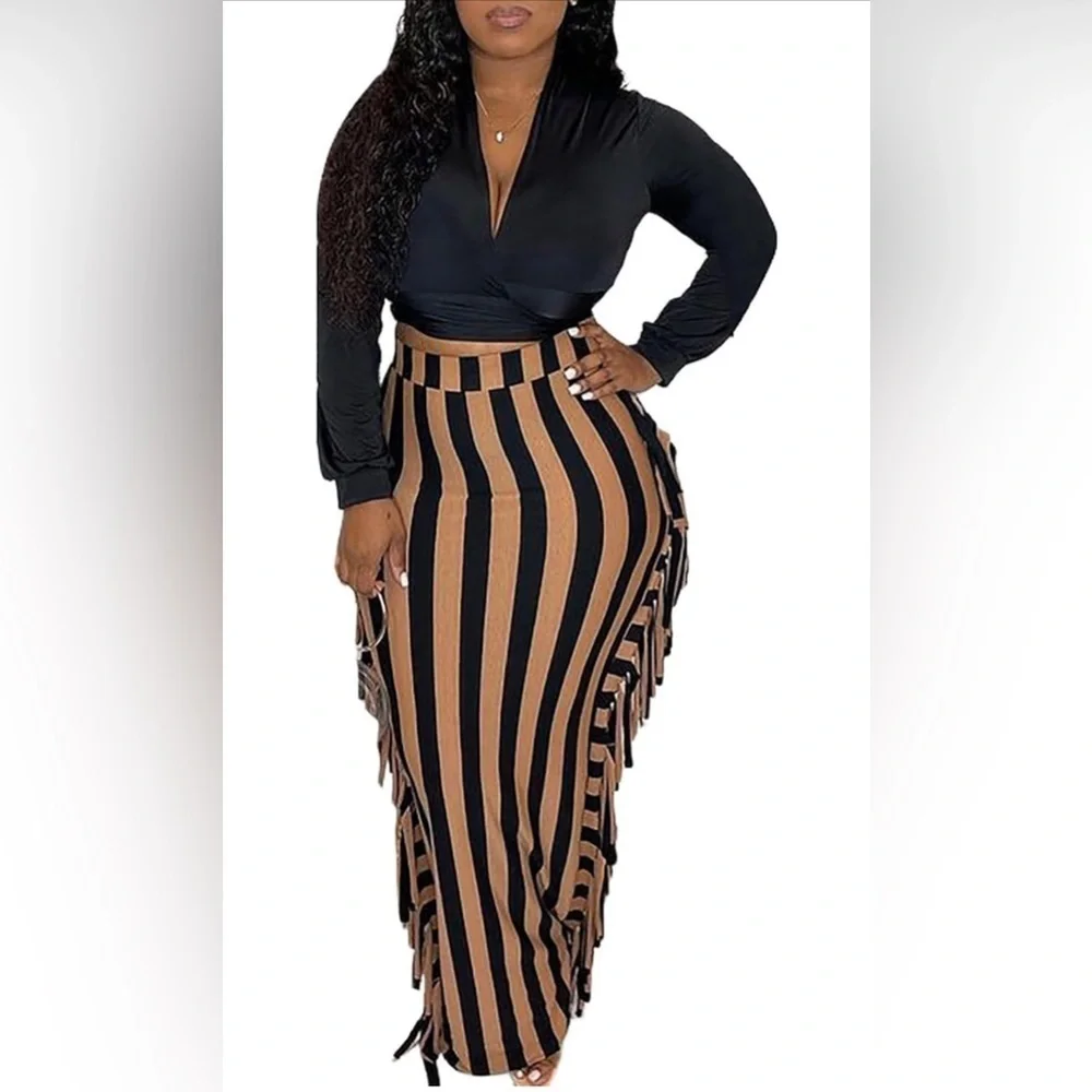 Fringe Maxi Pencil High Waist Bodycon Striped Tassel Skirt Black Brown, Small